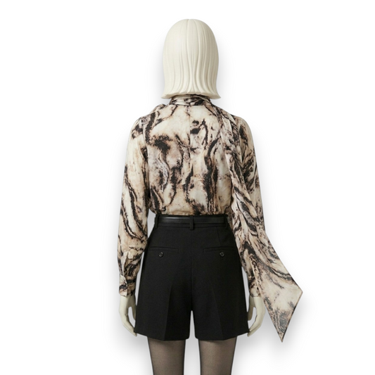 Mulberry Silk Scarf-Neck Blouse in Abstract Marble Print
