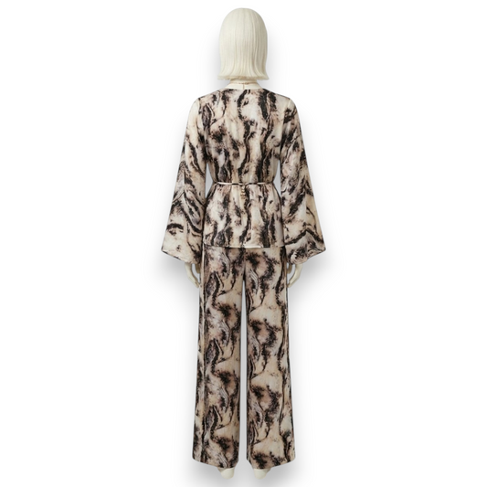 Mulberry Silk Belted Kimono Top & Wide-Leg Trousers Set in Abstract Marble