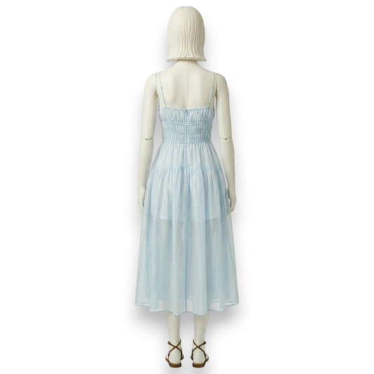 Sheer Silk Organza Smocked Midi Dress in Sky Blue