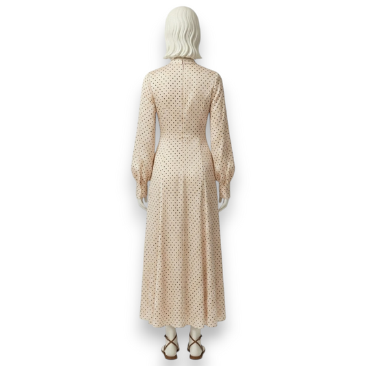 Silk Polka Dot Maxi Dress with Bishop Sleeves and High Collar