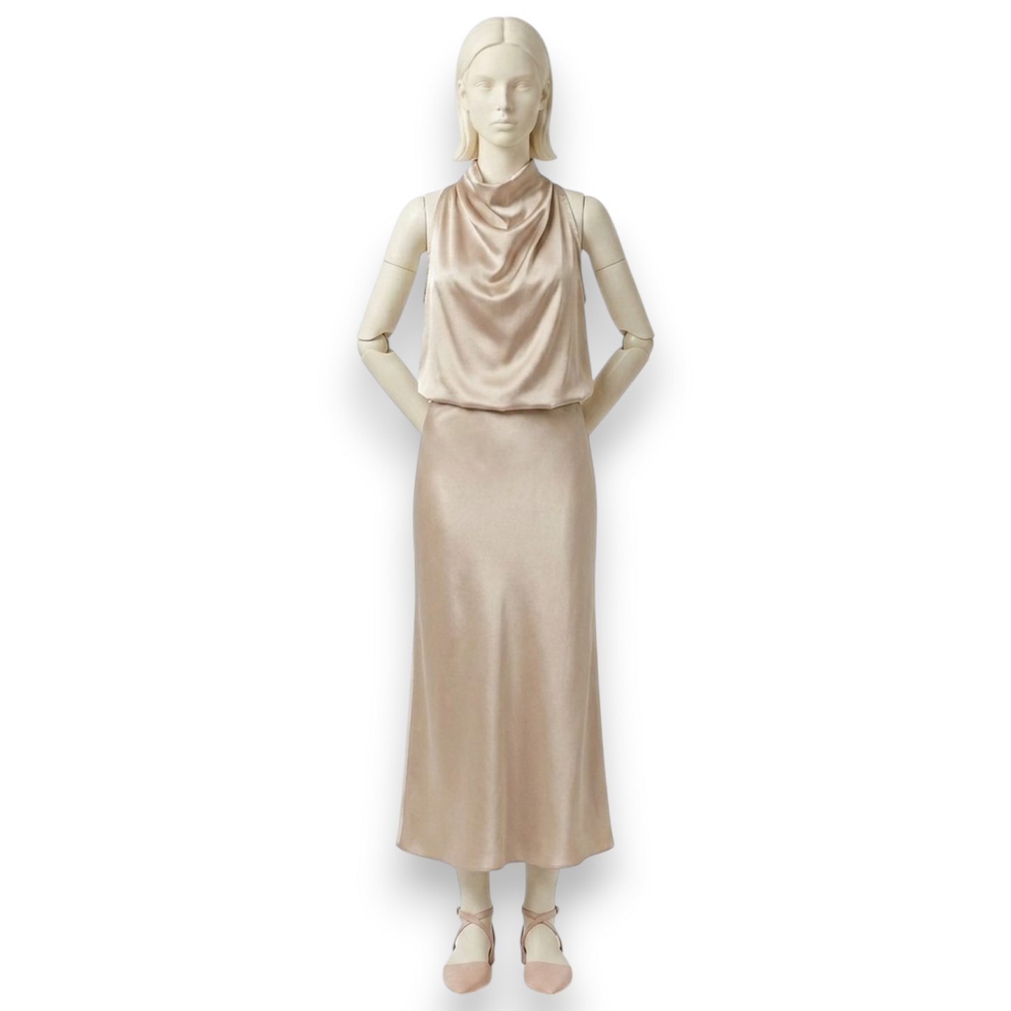 Mulberry Silk Cowl-Neck Top & Midi Skirt Set in Champagne