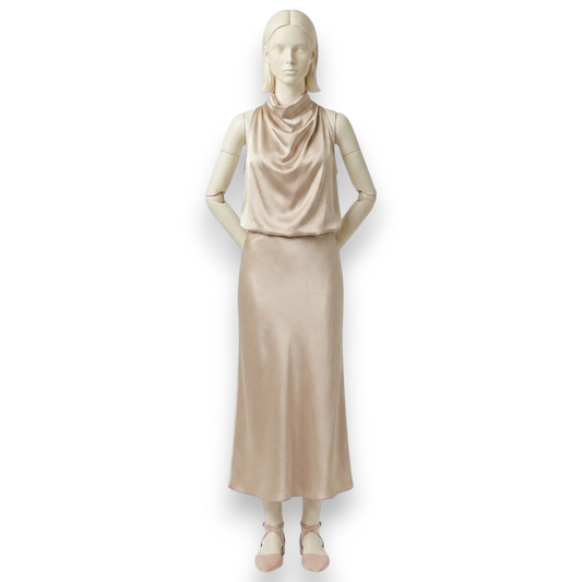 Mulberry Silk Cowl-Neck Top & Midi Skirt Set in Champagne