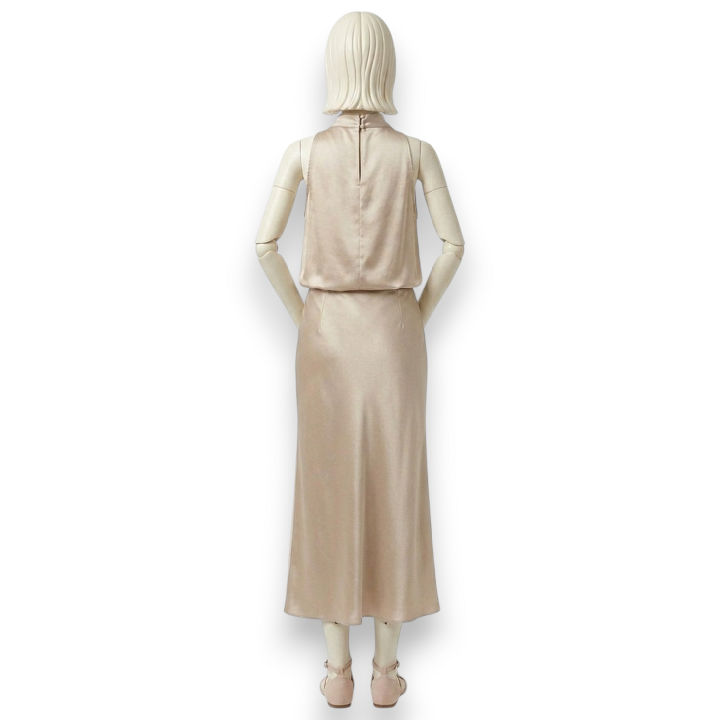 Mulberry Silk Cowl-Neck Top & Midi Skirt Set in Champagne