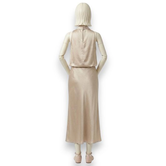 Mulberry Silk Cowl-Neck Top & Midi Skirt Set in Champagne
