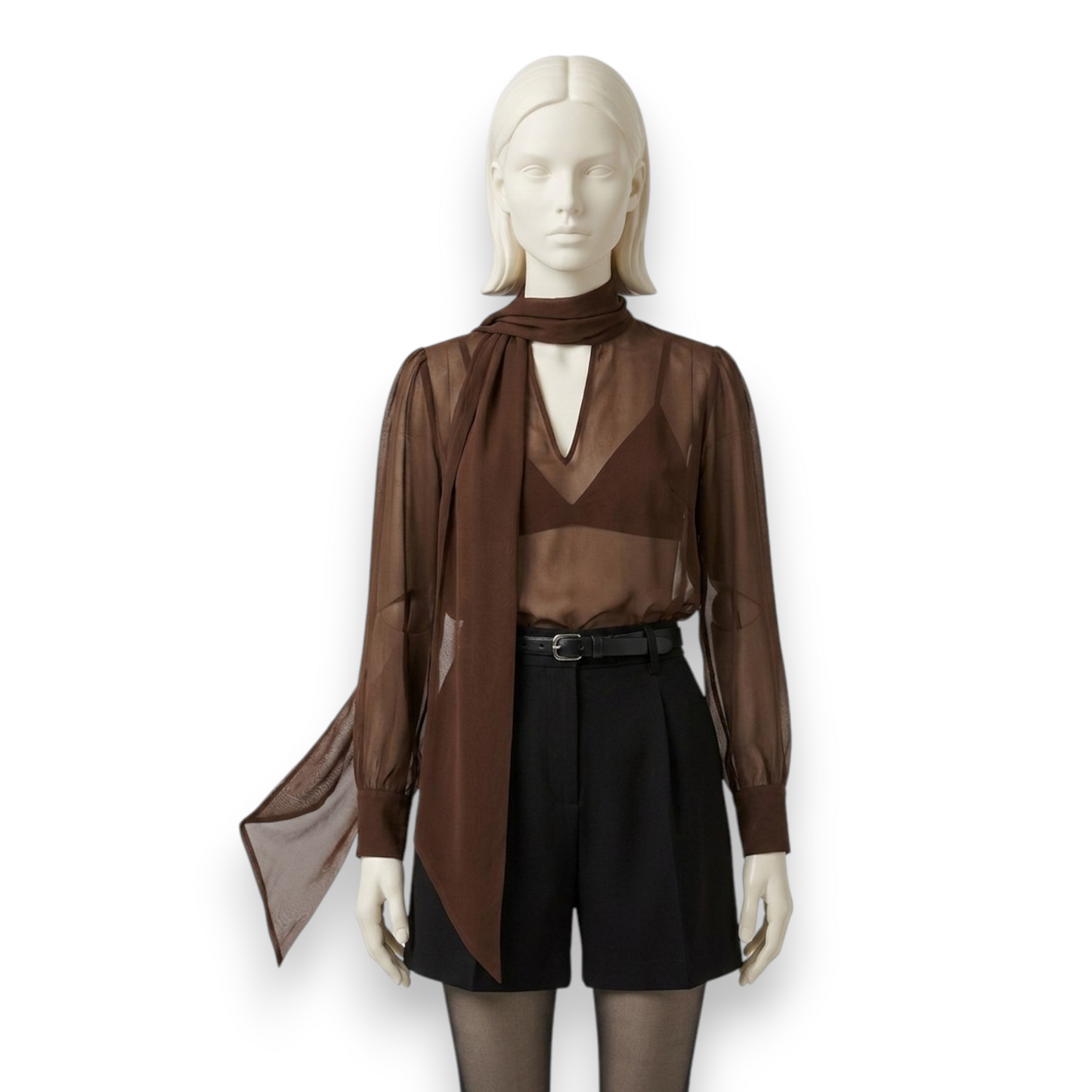 Sheer Silk Georgette Scarf-Neck Blouse in Espresso