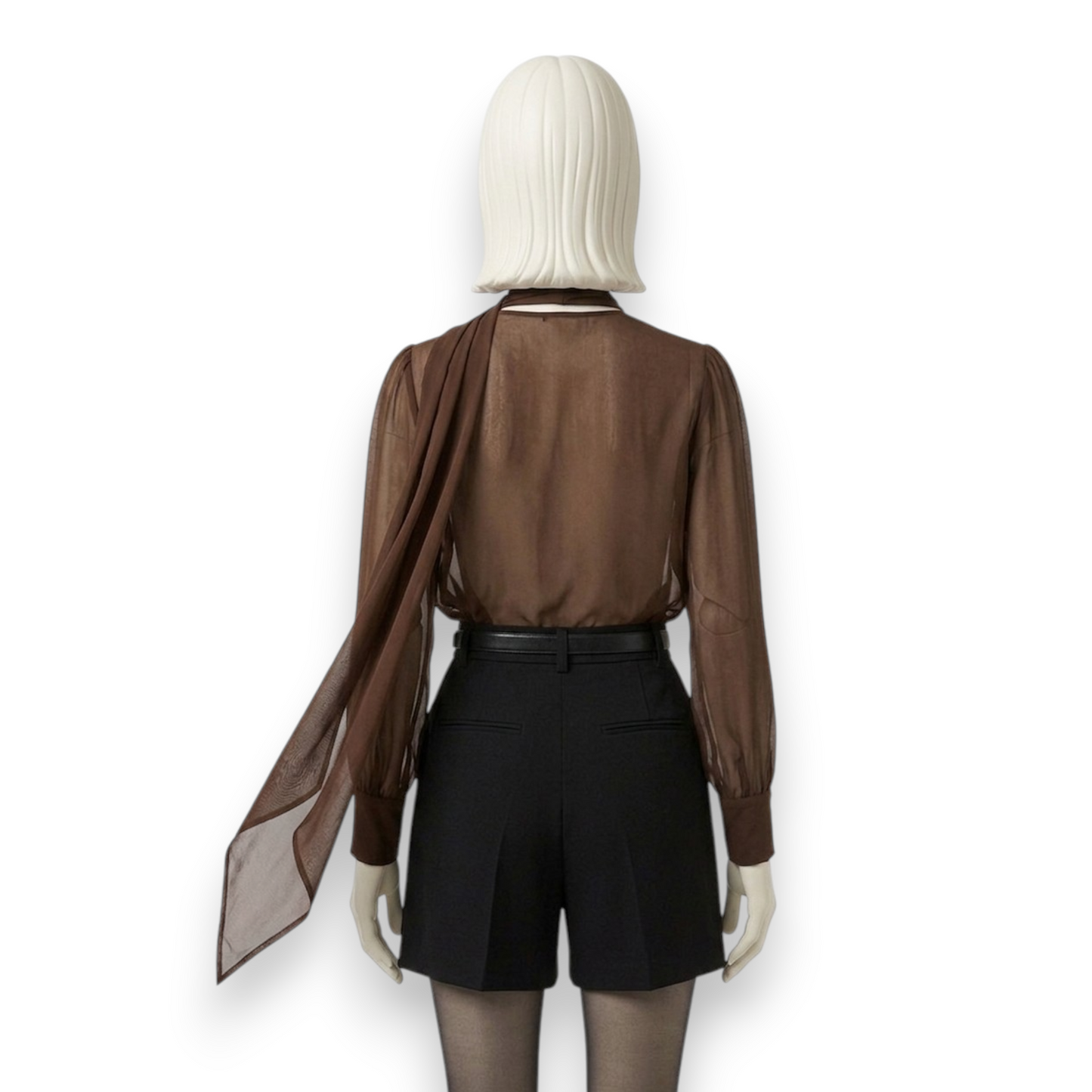 Sheer Silk Georgette Scarf-Neck Blouse in Espresso