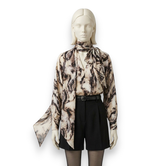 Mulberry Silk Scarf-Neck Blouse in Abstract Marble Print