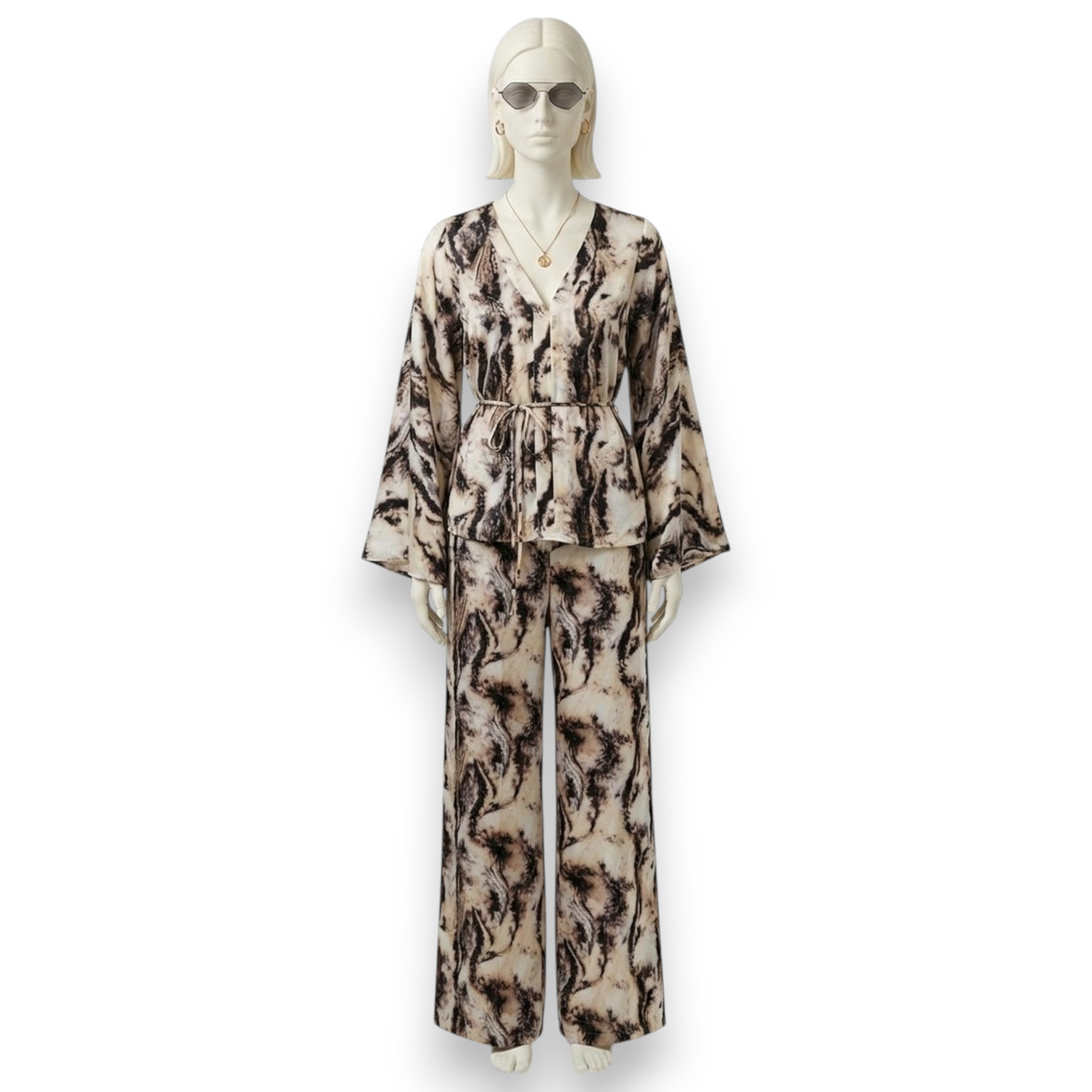 Mulberry Silk Belted Kimono Top & Wide-Leg Trousers Set in Abstract Marble
