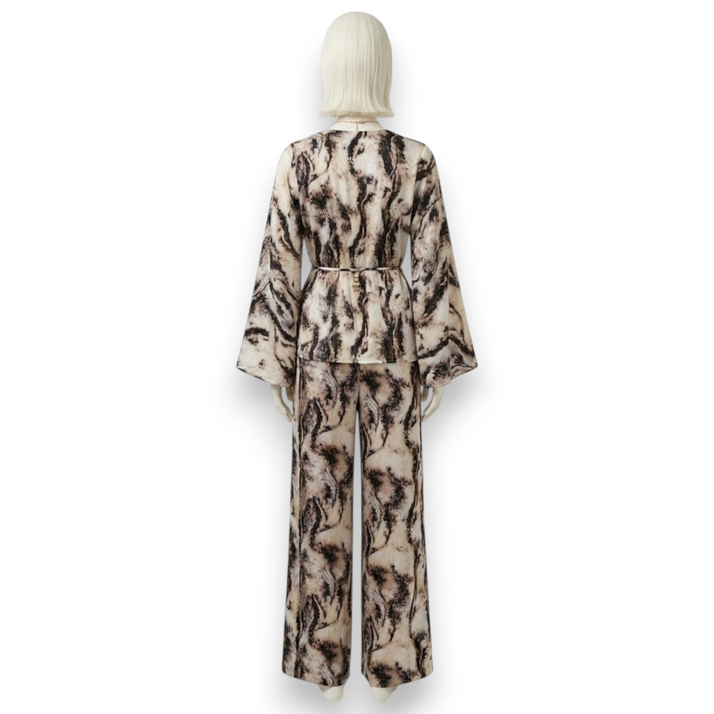 Mulberry Silk Belted Kimono Top & Wide-Leg Trousers Set in Abstract Marble
