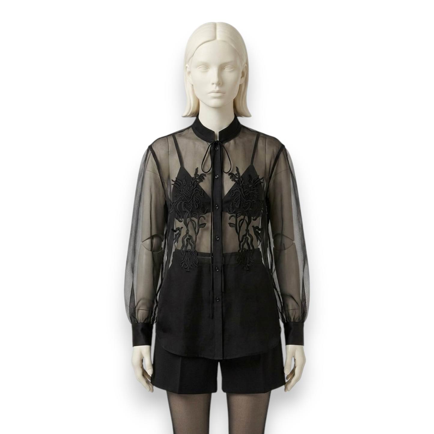 Sheer Silk Georgette Embroidered Blouse in Black