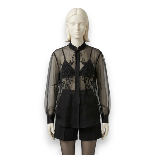 Sheer Silk Georgette Embroidered Blouse in Black