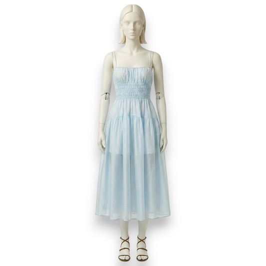 Sheer Silk Organza Smocked Midi Dress in Sky Blue