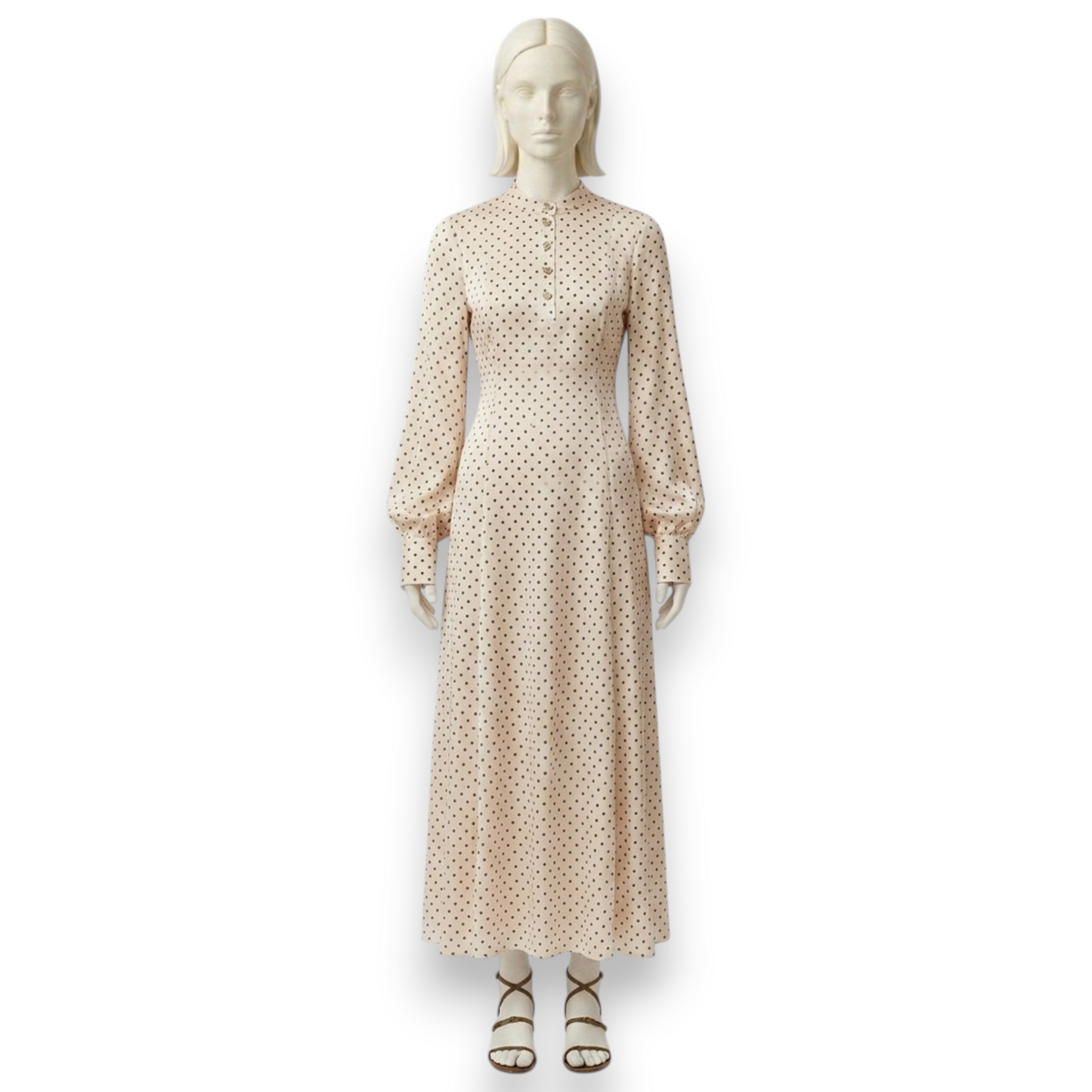 Silk Polka Dot Maxi Dress with Bishop Sleeves and High Collar
