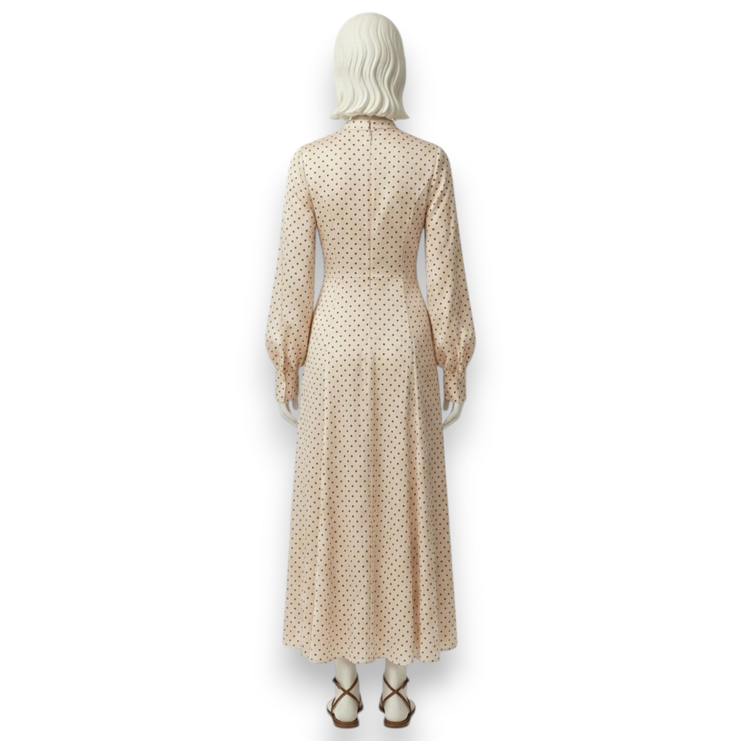 Silk Polka Dot Maxi Dress with Bishop Sleeves and High Collar