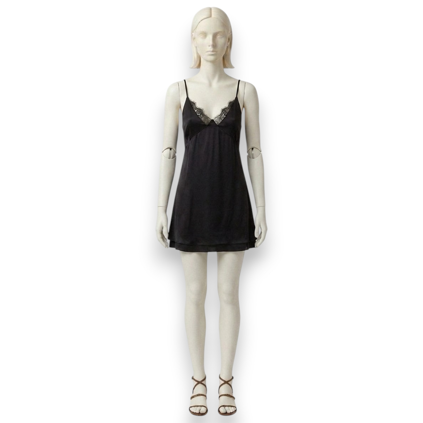 Silk Satin Lace-Trim Slip Mini Dress in Black