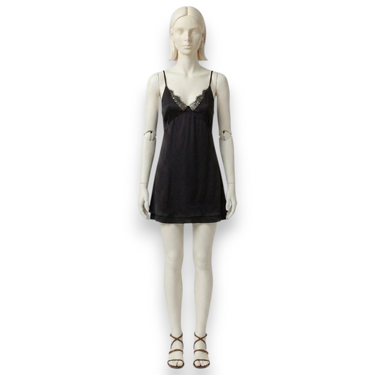 Silk Satin Lace-Trim Slip Mini Dress in Black