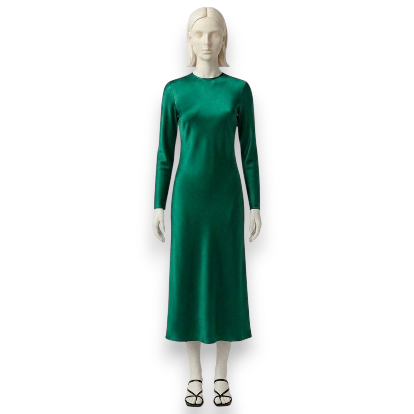 Emerald Green Long-Sleeve Silk Midi Dress