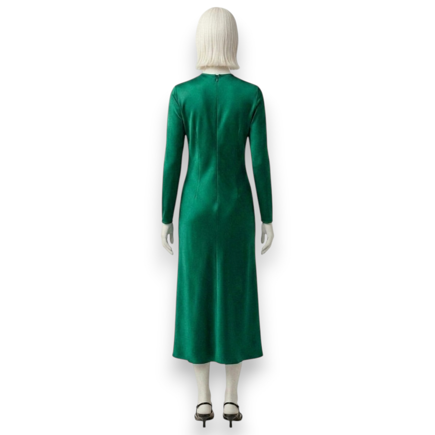 Emerald Green Long-Sleeve Silk Midi Dress