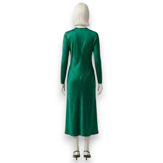 Emerald Green Long-Sleeve Silk Midi Dress