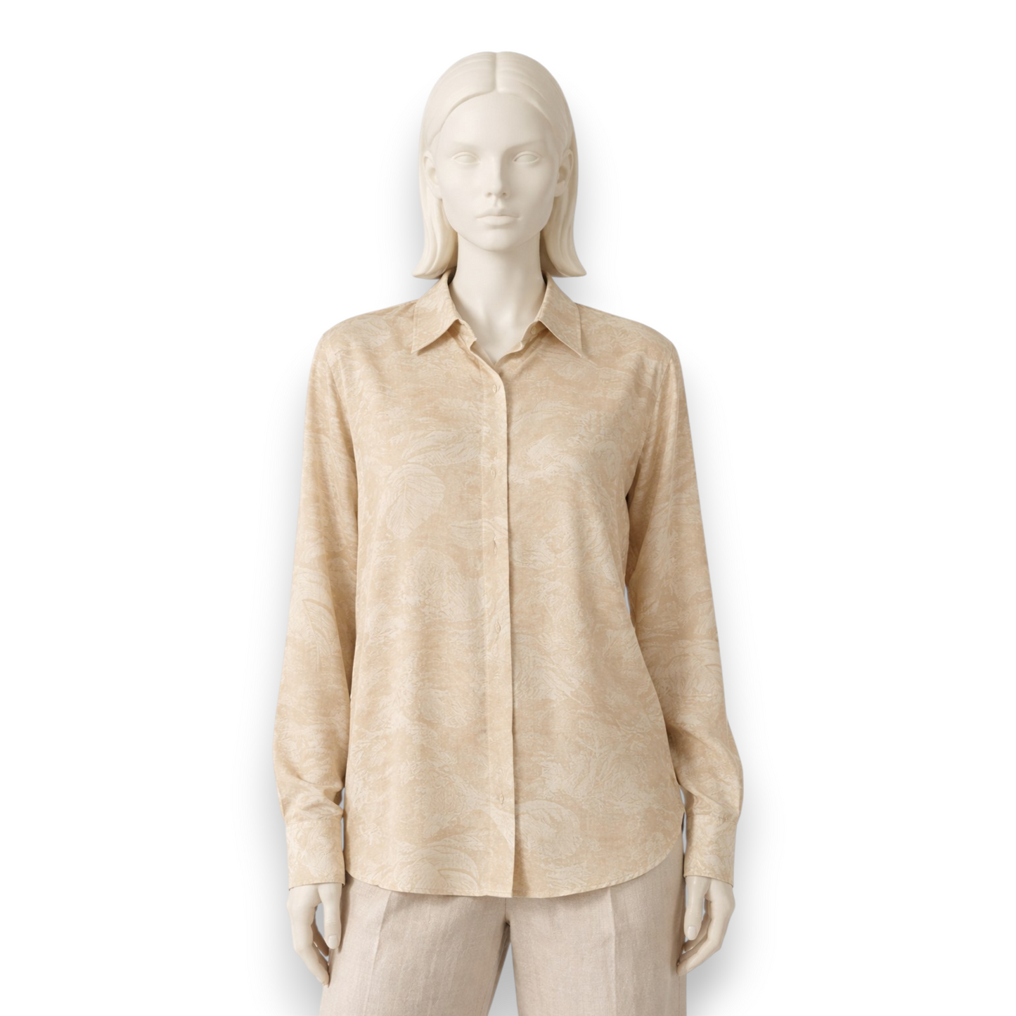 Sand Beige Floral Jacquard Silk Shirt
