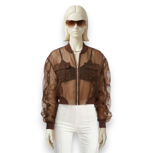 Silk Organza Bomber Jacket with Mesh Detailing in Espresso