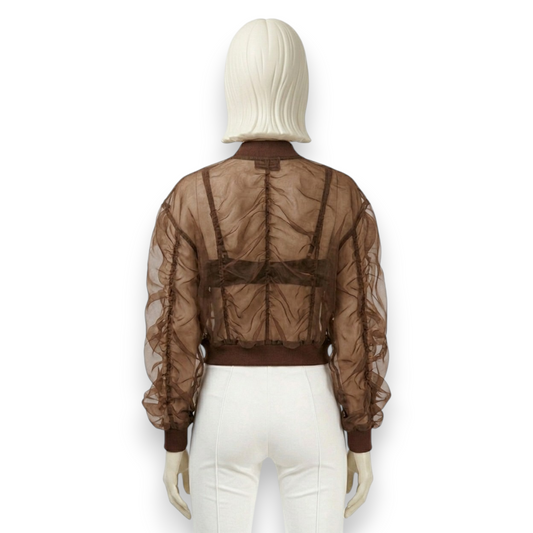 Silk Organza Bomber Jacket with Mesh Detailing in Espresso