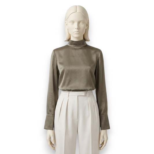 Mulberry Silk High-Neck Blouse in Taupe