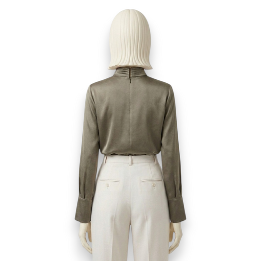 Mulberry Silk High-Neck Blouse in Taupe